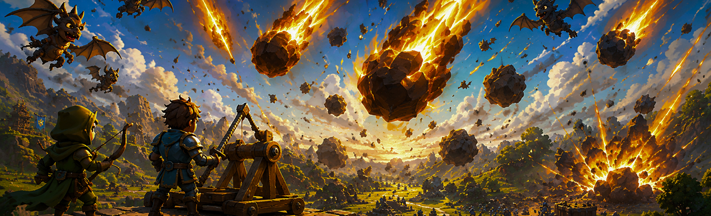 Meteors and flying enemies attacking the valley